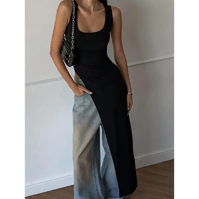 Women's Summer Long Tank Tops Solid Color U-Neck Asymmetric Hem Vest Sleeveless T-Shirt 0