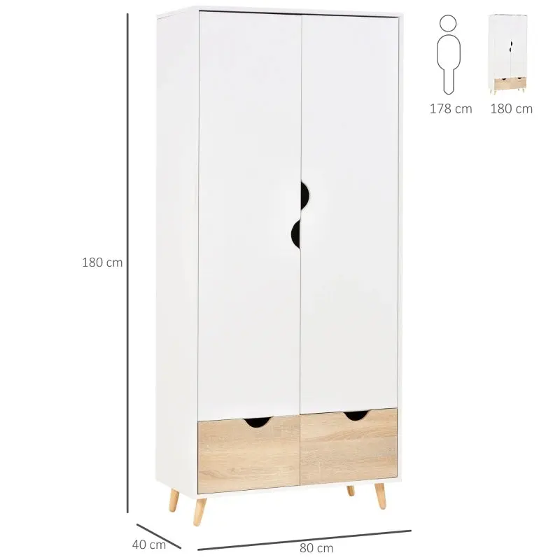 2-Door Wardrobe with Hanger Rail and 2 Underneath Drawers - White / Pine Wood 7