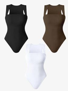 Women's Solid Ribbed Square Neck Open Crotch Design Bodysuit, Casual Sleeveless Bodysuit for Summer, Ladies Clothes for Daily Wear