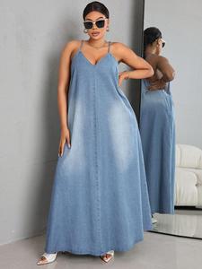 【Plus Size】 Women's Cami Denim Dress, Casual Sleeveless Long Dress for Daily Wear, Women's Plus Clothing for Summer