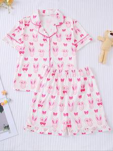 Girl's Cartoon Rabbit Print  Tee & Elastic Waist Shorts Pyjama Two-piece Set, Casual Comfy Round Neck Short Sleeve T-shirt & Shorts Pj Set, Kids Sleepwear for All Seasons