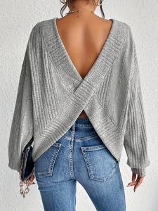 Women's Polyester Plain Criss Cross Bishop Sleeve Longsleeves Sweater, Casual Long Sleeve Round Neck Jumper for Spring & Fall, Women's Knitwear for Daily Wear