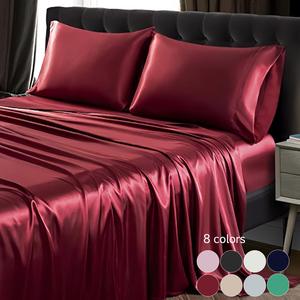 Solid Color Satin Bedding Set, 3/4 Counts Includes 1 Flat Sheet, 1 Fitted Sheet, and 1/2 Pillowcase without Filler, Soft Mattress Protector, Room Accessories