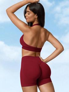 Women's Solid Color Backless Halter Neck Sports Bra & High Waist Skinny Shorts High Stretch Sports Set, High Stretch Sporty Breathable Comfortable Sweat-Wicking Seamless Outfits for Yoga Gym Workout Running, Ladies Sportswear for All Seasons, Clothing