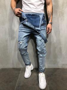 Men's Plain Button Distressed Ripped Knee Denim Overalls, Casual Comfy Style Ripped Pocket Overalls for Daily Wear, Men's Overalls for All Seasons, Cotton, Menswear, Denim Western Jeans, Distressed Ripped Jeans, Ripped Skinny Fit Streetwear