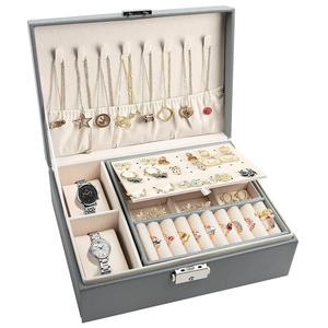 2 Layer Grey Jewellery Box Organizer Rings Necklaces Jewellry Storage Case Box