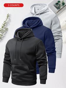 Men's Solid Drawstring Pocket Hoodie, Casual Cozy Regular Fit Long Sleeve Hooded Sweatshirt for Fall & Winter, Men's Clothes for Daily Wear