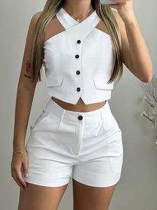 Two-Piece Set Women's Solid Crop Top & Shorts, Casual Fashion Top & Shorts for Daily Outdoor Wear, Office Siren Outfits, Ladies Summer Clothes