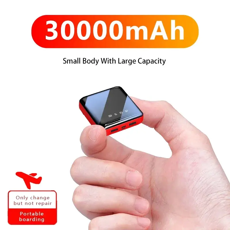 30000mAh Mini Portable Power Bank with Cable, Mirror Screen, and LED Display for iPhone, Samsung, and Huawei - 2025 NEW