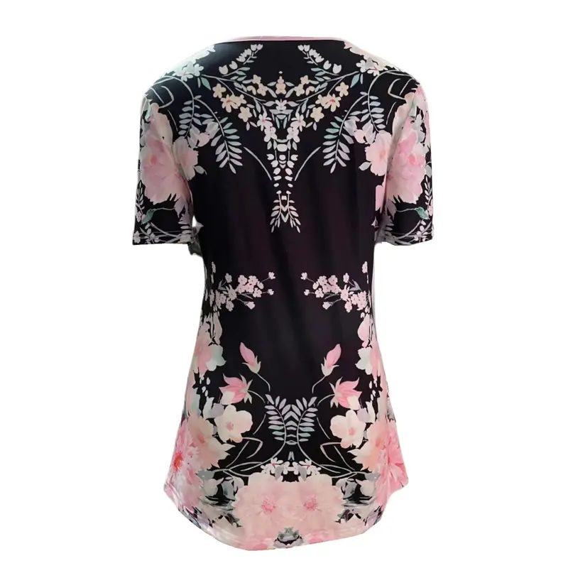 Floral Print Faux Peal Decor T-Shirt, Casual V Neck Short Sleeve Top For Spring & Summer, Women's Clothing 8
