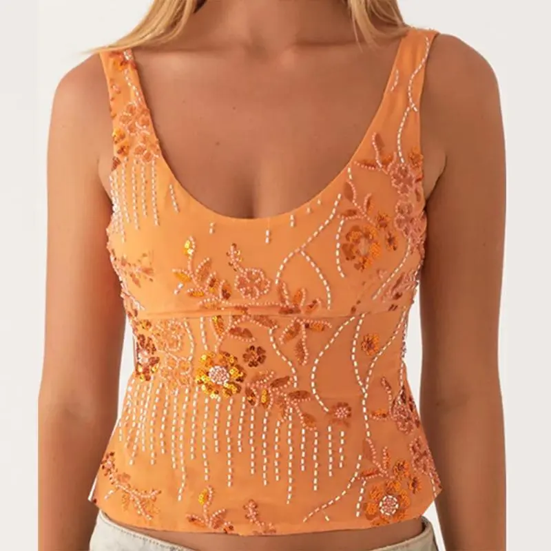 Boho Beaded Embellished Tank Tops Sequin Sparkly Shiny Sleeveless Shirt Vest Women Summer Vacation Y2K Sexy Crop Tops Going Out 0
