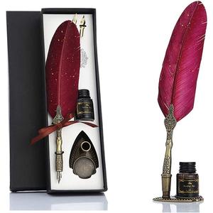 Feather Decor Dip Pen with 1 Black Ink & 2 Replacement Nibs, 1 Set Vintage Multipurpose Writing Tool for Calligraphy & Art