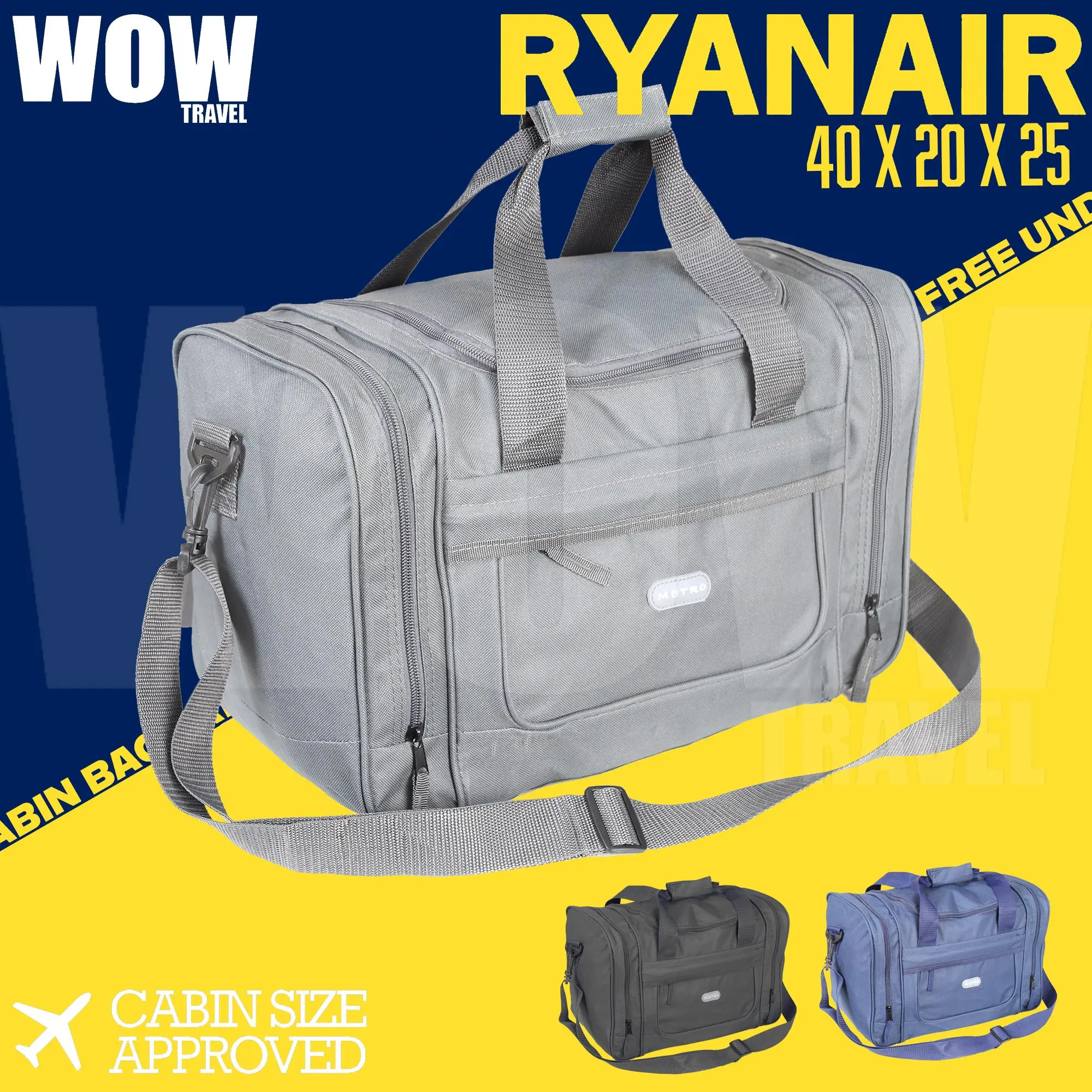 WOW TRAVEL New Ryanair Underseat Hand Luggage Cabin Holdall Bag 40x20x25 cm Duffel/Weekender Bag Plain