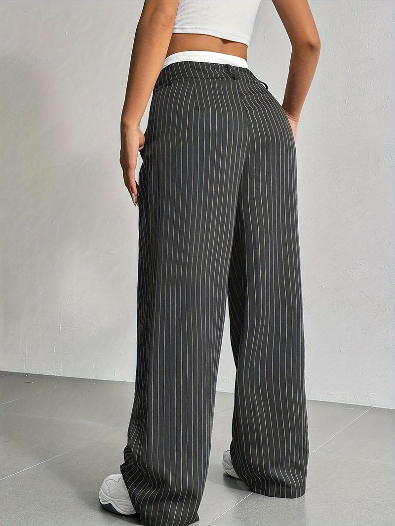 Product Introduction of Women's High-Waist Striped Wide-Leg Blazer Pants - Navy Blue & White Vertical Stripes, Polyester, Casual Style, Machine Washable, Spring/Summer/Fall Wear, Versatile Legwear | Wideleg Design | Glossy Texture, Wide Leg Pants 1