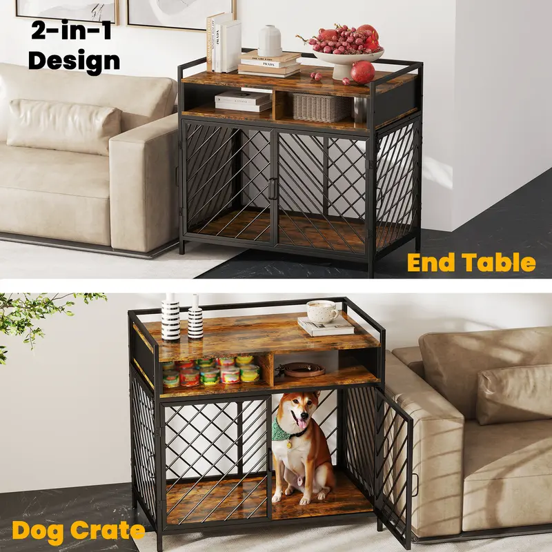 Large Dog Crate Furniture with Wooden Drawer Storage |,Heavy Duty Dog Cage for Large Dogs |Dog House,Folding 2 door Crate | 39.4″ × 23.6″ × 36.2″ 6