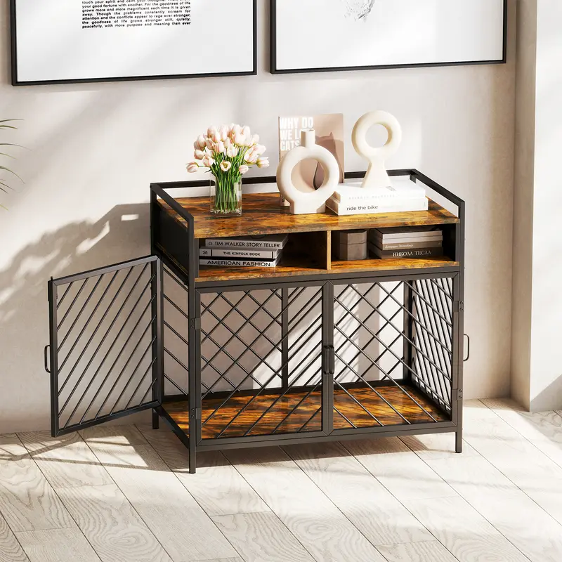 Large Dog Crate Furniture with Wooden Drawer Storage |,Heavy Duty Dog Cage for Large Dogs |Dog House,Folding 2 door Crate | 39.4″ × 23.6″ × 36.2″ 1