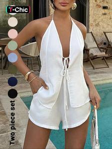 Women's Solid Color Tie Back Top & Shorts Set, Casual Fashion Two-piece Outfits for Summer, Ladies Clothes for Beach Holiday Vacation