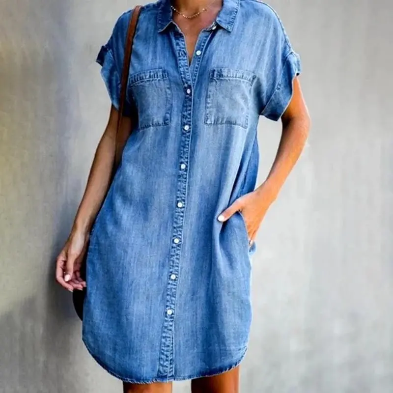 Women's Summer New Single Breasted Denim Shirt Dress Casual Loose Pocket Simple Retro Commuter Female Office Denim Short Skirt