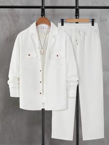 Two-Piece Set Men's Plain Button Front Flap Pocket Shirt & Drawstring Waist Pants, Regular Fit Casual Lapel Neck Long Sleeve Top & Elastic Waist Trousers, Men's Spring & Fall Clothes