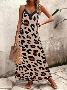 【Plus Size】 Leopard Print V Neck Cami Dress, Boho Sleeveless Dress for Beach Holiday Vacation, Women's Clothes for All Seasons