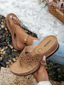Women's Fashionable Flower Decorated Flip Flops, Stylish Elegant Sandals, Casual Comfortable Brown Platform Sandals for Summer, Lightweight Breathable Shoes for Daily Wear, Girl, Ladies Sandals 2025, Footwear