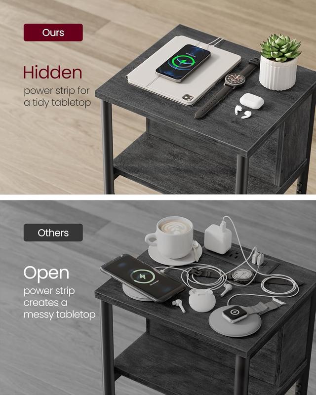 VASAGLE Slim Side Table with Charging Station, Narrow Bedside Table with 2 AC Outlets 2 USB Outlets, 30 x 34 x 58 cm, for Living Room, Bedroom, Rustic Brown and Black LET374B01 3