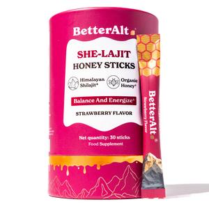 Women Multi-Mineral Honey Sticks | BetterAlt SHE-Lajit Strawberry Flavour | Shilajit, Shatavari & Saffron | Hormonal Balance & Energy - 30 Honey Packs