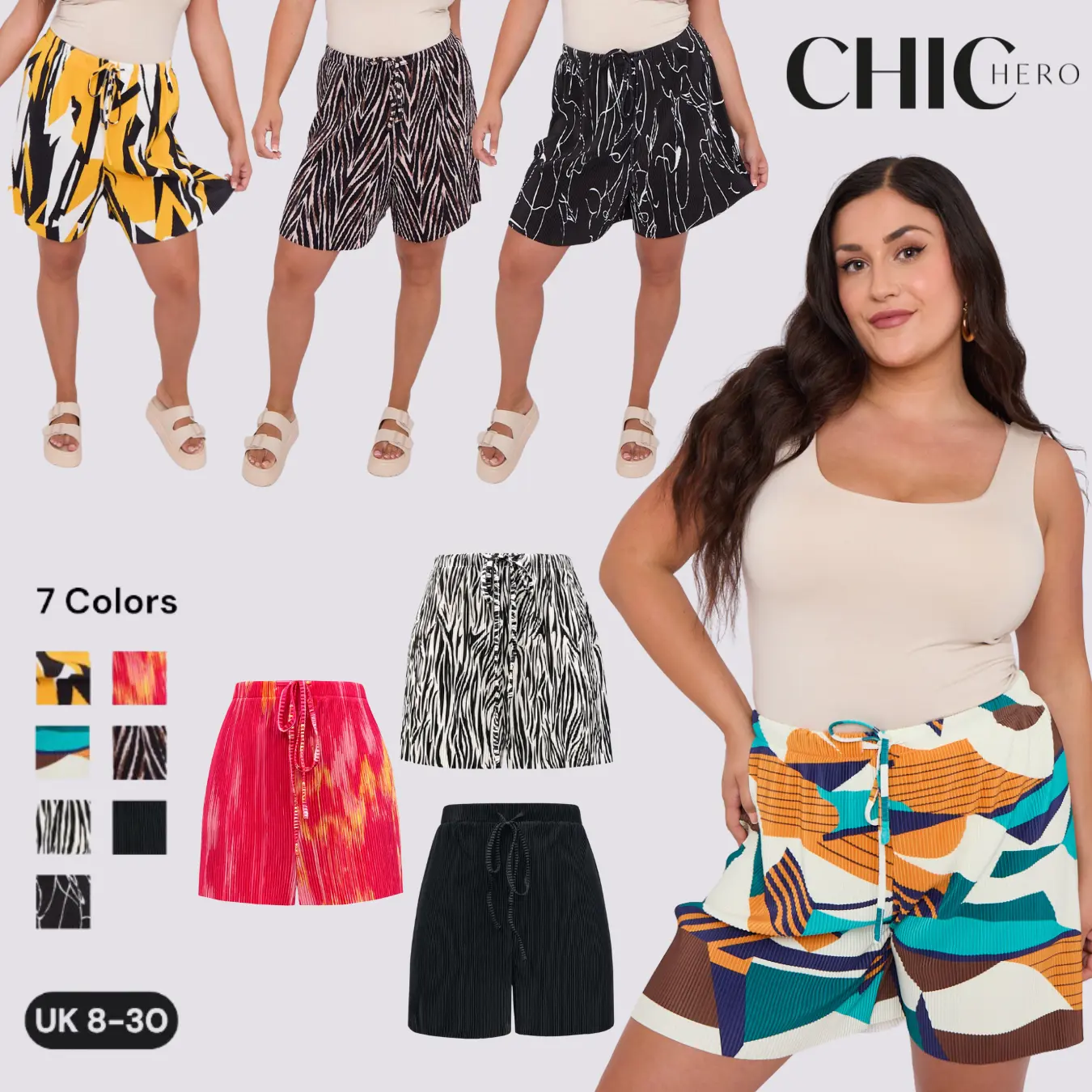ChicHero Spring Summer Printed Elasticated Adjustable Waist Pleated Casual Shorts