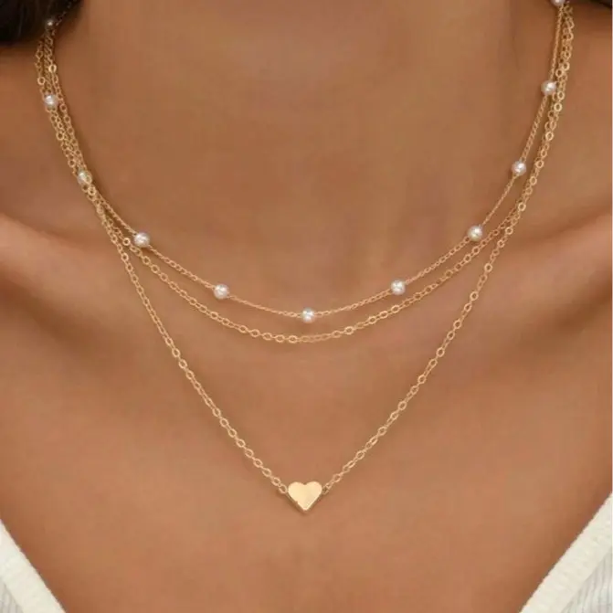 Gold Necklace,Women's Necklace,3-Pearl Multilayer Necklace Set Minimalist Fashion for Women,Suitable for Dating,Party,Vacation,Daily Wear,Holiday Gift