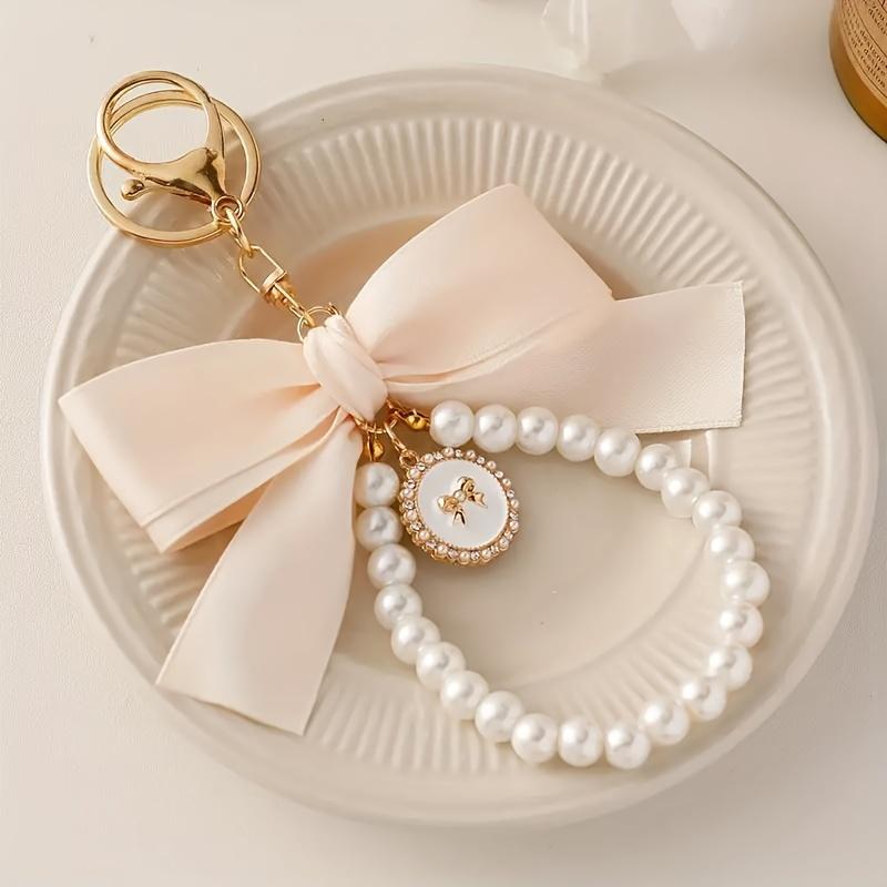 Elegant Large Bow & Pearl Keychain - Chic Pastel Ribbon Tassel Accessory with Golden-Tone Clasp for Bags & Earphone Cases, Ideal Mother's Day Gift 2
