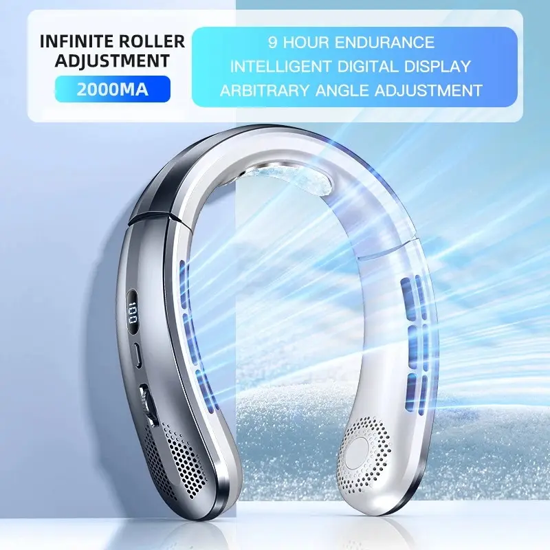 Fan 3000mA Portable Mini Hanging Neck Fan Bladeless Neckband Fan Digital Display Power Air Cooler USB Rechargeable Electric Fans 7