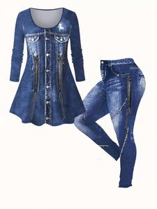 【Plus Size】 Two-piece Set Denim-effect Print Long Sleeve Tee & Skinny Pants, Casual Scoop Neck Long Sleeve Top & Denim-effect Print Leggings for Daily Wear, Women's Two-piece Outfits for Spring & Fall