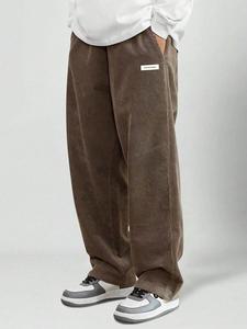 Men's Letter Tape Corduroy Pants, Loose Casual Comfy Straight Leg Trousers for Summer, Woven Bottoms for Men, Baggy Legged Pants