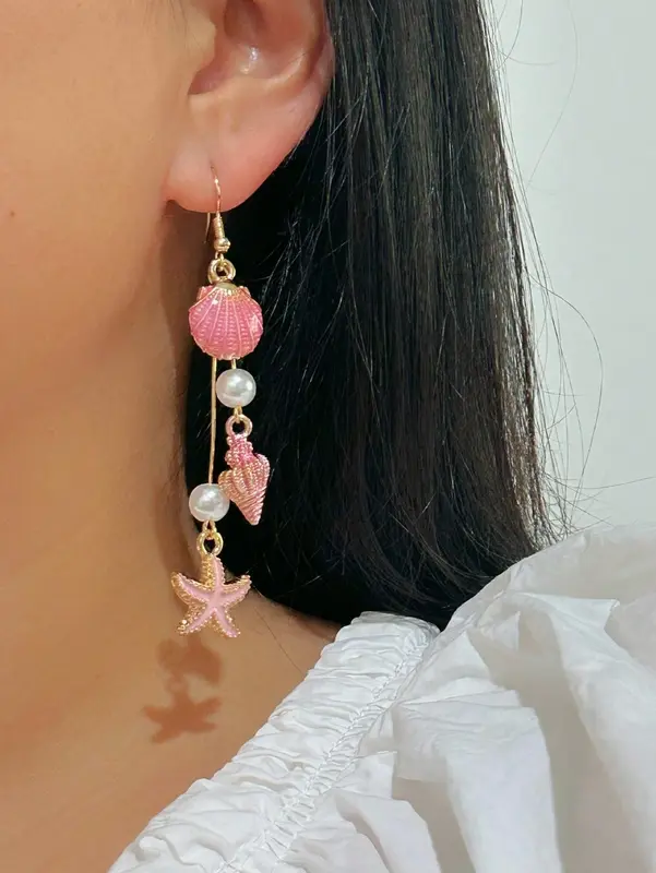 1 Pair Pink Shell & Conch Dangle Earrings for Teenage Girls – Beach Vacation Style with Faux Pearls, Cute Summer Jewellery for Holidays & Daily Wear 3