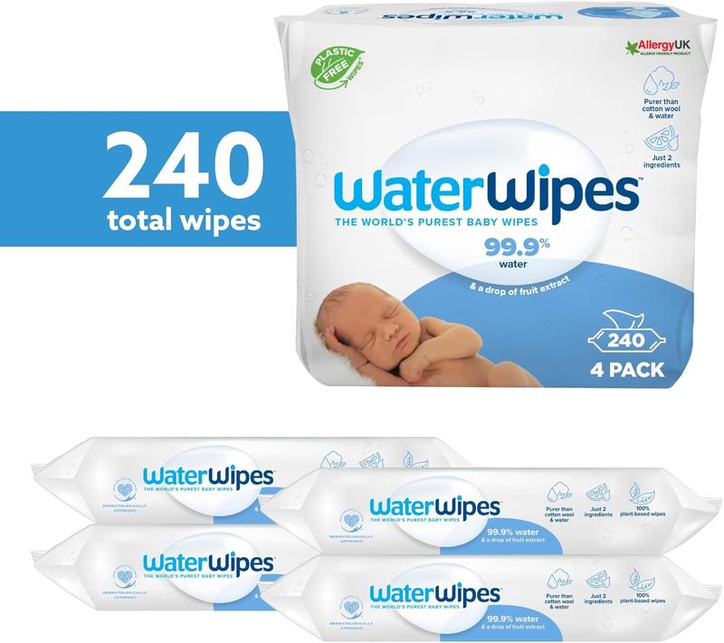 WaterWipes Plastic-Free Original Baby Wipes, 240 Count (4 packs), 99.9% Water Based Wipes, Unscented 1