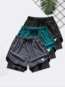 Men's 2 in 1 Bull & Letter Print Drawstring Waist Shorts, Casual Comfy Breathable Quick Drying Shorts for Summer, Men's Bottoms for Daily Wear