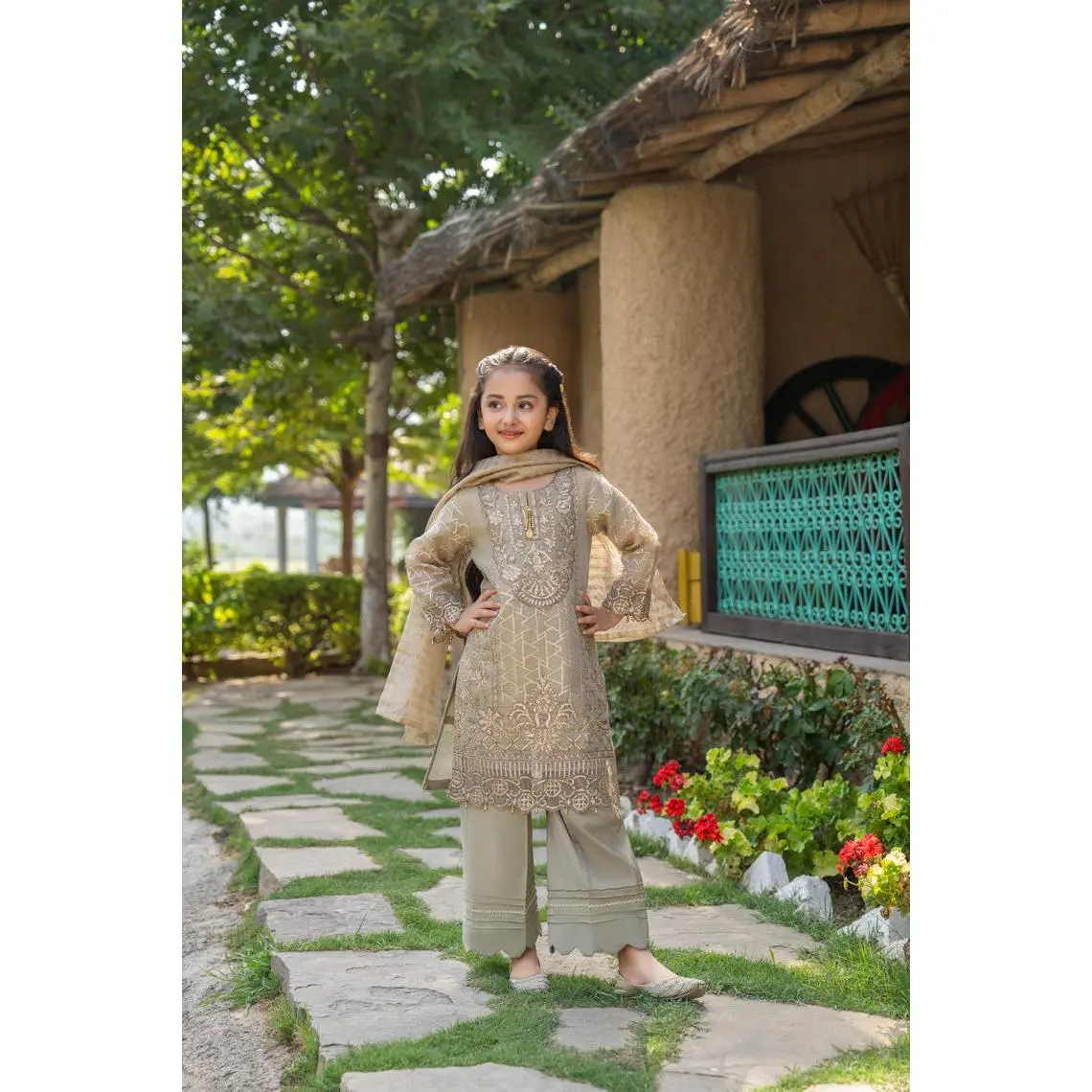 Motif Kids Organza Sequence Tilla Embroidered Suit