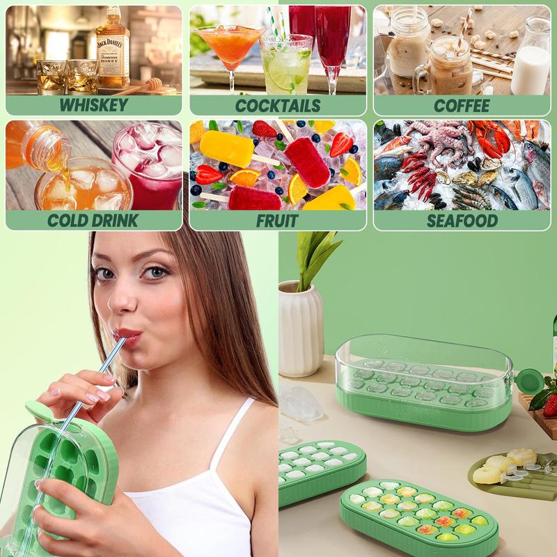 Ice Cube Tray with Lid and Bin, Press-Type Silicone 18PCs Ice Cube Moulds for Freezer, Easy Release, Quick Filling Without Touching, Ice Tray for Whiskey Cocktail, Tea, Coffee, Green 6