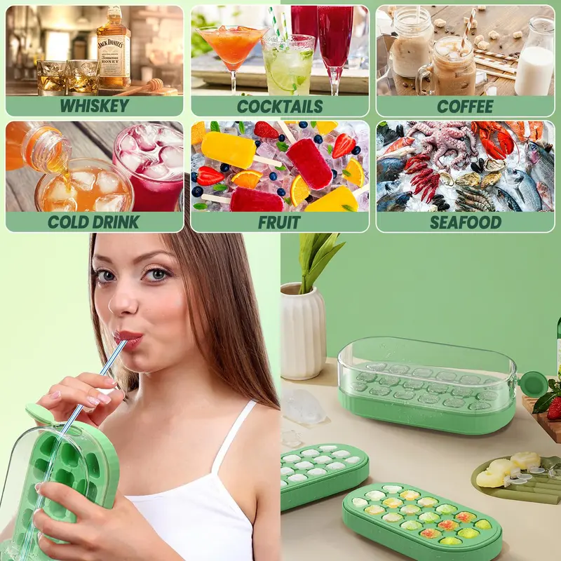 Ice Cube Tray with Lid and Bin, Press-Type Silicone 18PCs Ice Cube Moulds for Freezer, Easy Release, Quick Filling Without Touching, Ice Tray for Whiskey Cocktail, Tea, Coffee, Green 5