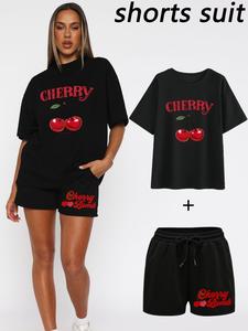 Women's Cherry Print Short Sleeve T-shirt & Drawstring Waist Shorts Two-piece Set, Casual Fashion Cozy Tee & Shorts for Daily Outdoor Wear, Ladies Summer Clothes, Womenswear, Outfit Sets Women, Warm Weather Outfits, Casual Lounge Set, Summer Sleep Set