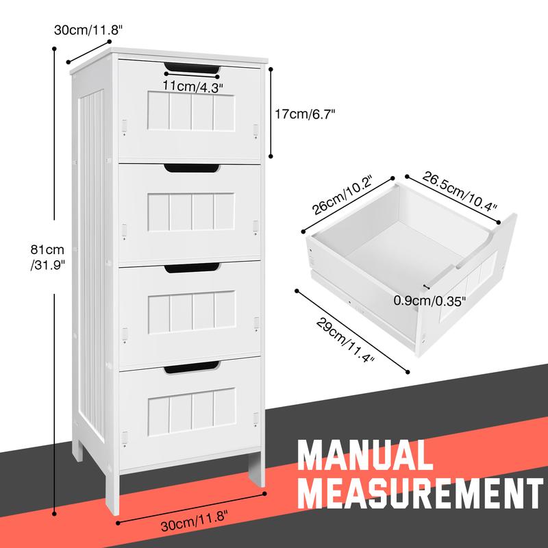 4-Drawer Floor Standing Cabinet Unit - Bathroom Storage With Drawers - Wooden Chest of Drawers - White Tall Cupboard  30x30x81cm 1