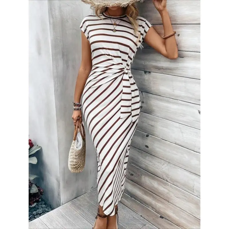 Elegant And Elegant Waist Lace Up Striped Round Neck Short Sleeve Long Dress Summer Party Bodycon Women's Dresses