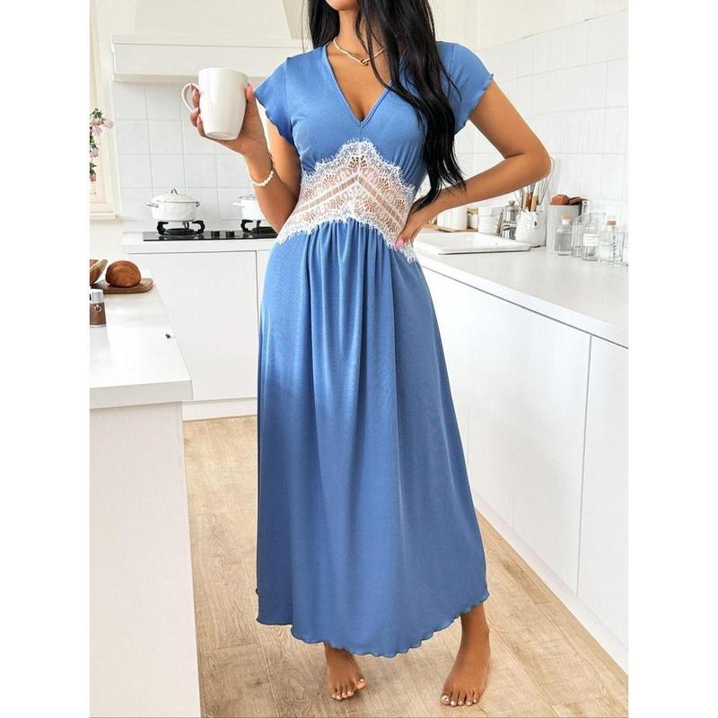 Women's Plain Contrast Lace Sheer Butterfly Sleeve Nightdress, Elegant Lettuce Trim V Neck Cap Sleeve Nightgown, Soft Comfy Sleepwear for Women 8