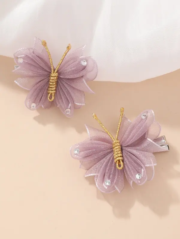 2pcs Toddler Girls Rhinestone & Butterfly Decor Hair Clip 0