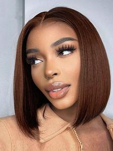 13*4 Chocolate Brown Human Hair Lace Front Wigs, Natural Appearance Straight Bob Lace Frontal Wigs, Pre-Plucked Hairline Virgin Hair Lace Wigs for Women