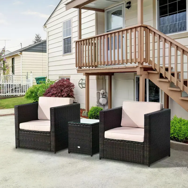 Outsunny Rattan Garden Furniture 2 Seater Sofa Furniture Set W/Cushions, Steel Frame-Brown 1