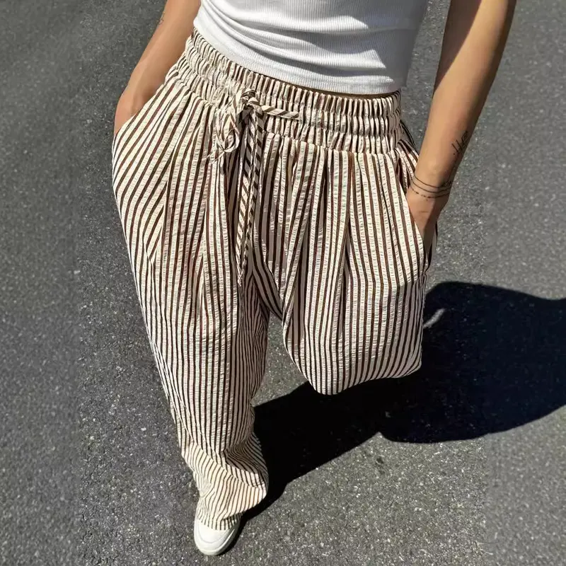 29/5000 Ice silk wide-leg pants for women, summer salt-like drape, Korean-style loose, versatile, high-waisted, elastic, thin, and straight-leg pants 1
