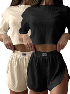 Women's Solid Color Ribbed Short Sleeve Tee & Letter Patched Split Hem Shorts Pajama Set, Casual Comfy Round Neck Crop Top & Elastic Waist Shorts Pj Set, Ladies Sleepwear for Summer, Matching Pyjamas for Women, Loungewear Pjs, Basic Lounge Sets