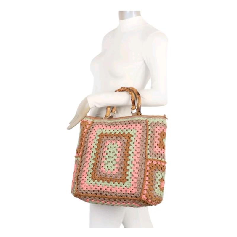 Large Crochet & Bamboo Handbag 7