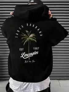 Men's Palm Tree & Letter Print Thermal Lined Hoodie, Fashion Casual Regular Fit Drawstring Pocket Hooded Sweatshirt for Daily Holiday Outdoor Wear, Men Clothes for Fall & Winter